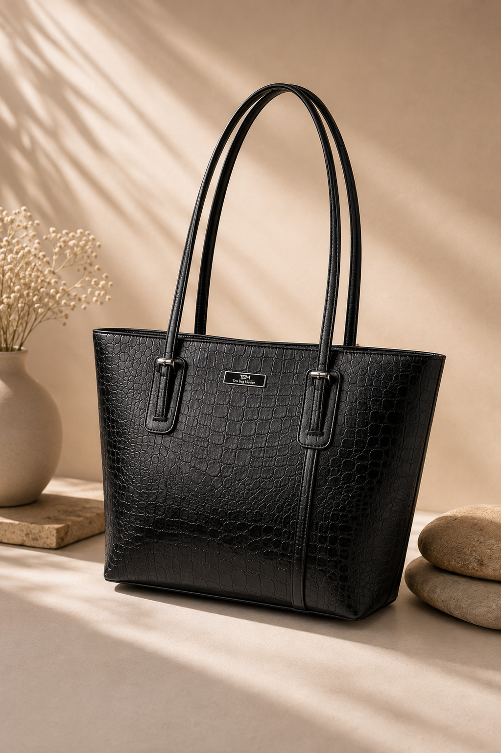 TBM Signature Crocodile Structured Tote Bag with Long Shoulder Handles