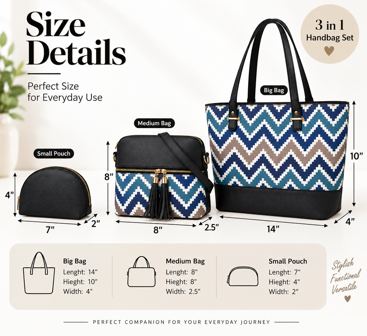 Premium Chevron Print 3-Piece Handbag Set
