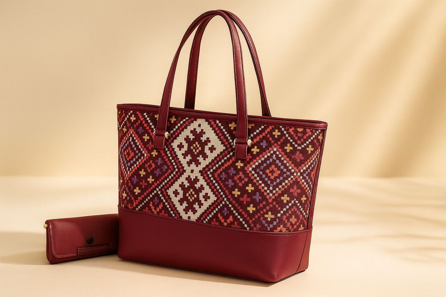 Geometric Ethnic Pattern Tote Bag with Matching Accessory Pouch