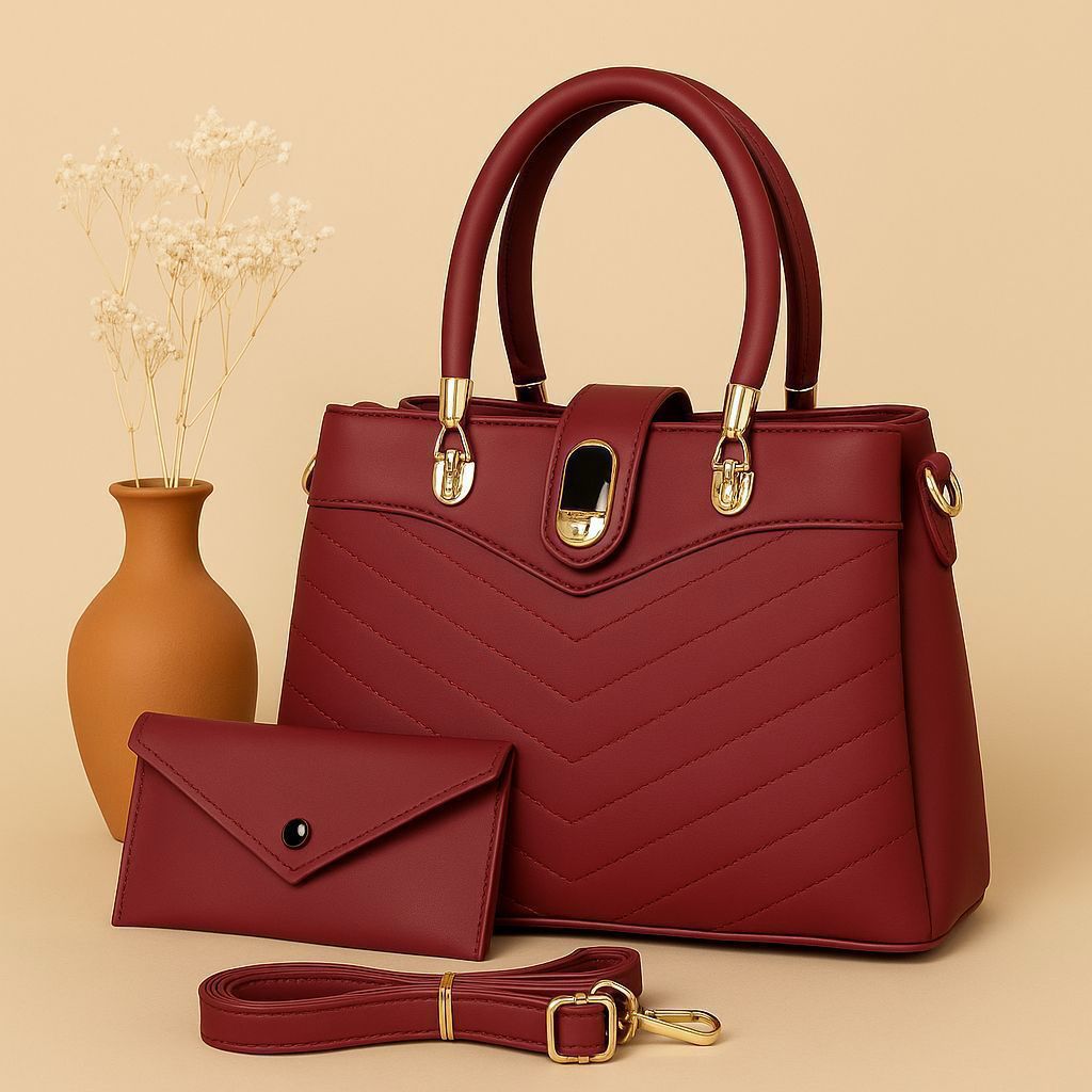 Premium 2-Piece Chevron Pattern Handbag Set with Matching Wallet & Adjustable Strap