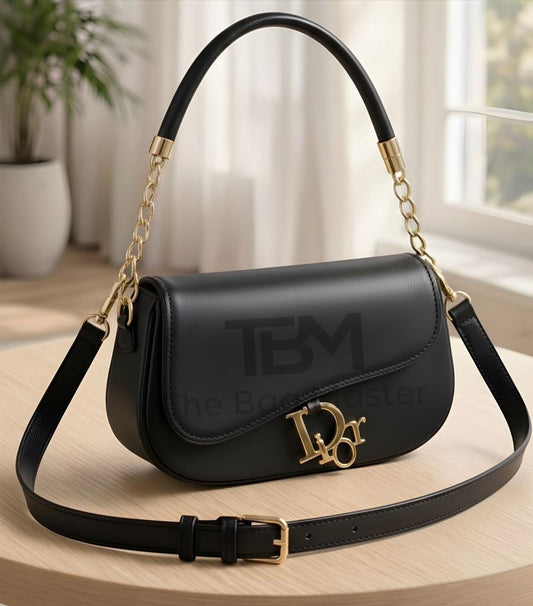 TBM Luxury Designer Saddle Bag with Dual Straps & Gold Chain Accents