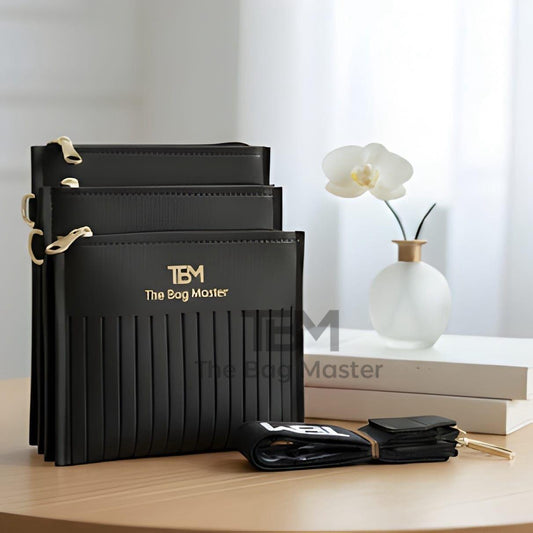TBM Triple-Zip Pleated Crossbody Bag with Designer Textile Strap