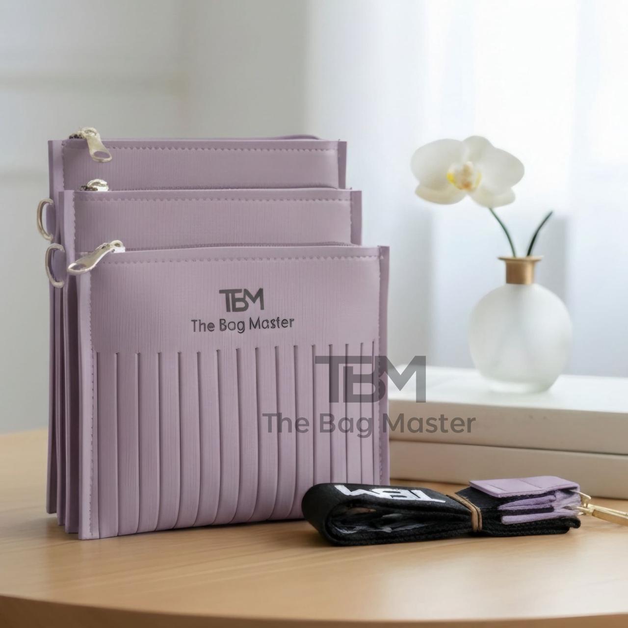 TBM Triple-Zip Pleated Crossbody Bag with Designer Textile Strap