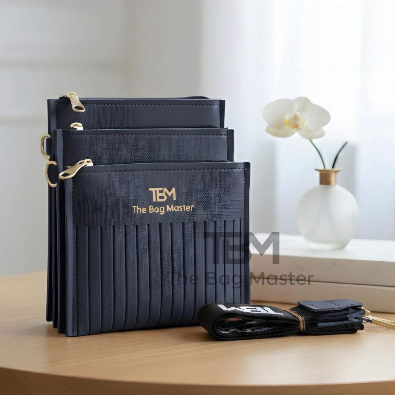 TBM Triple-Zip Pleated Crossbody Bag with Designer Textile Strap