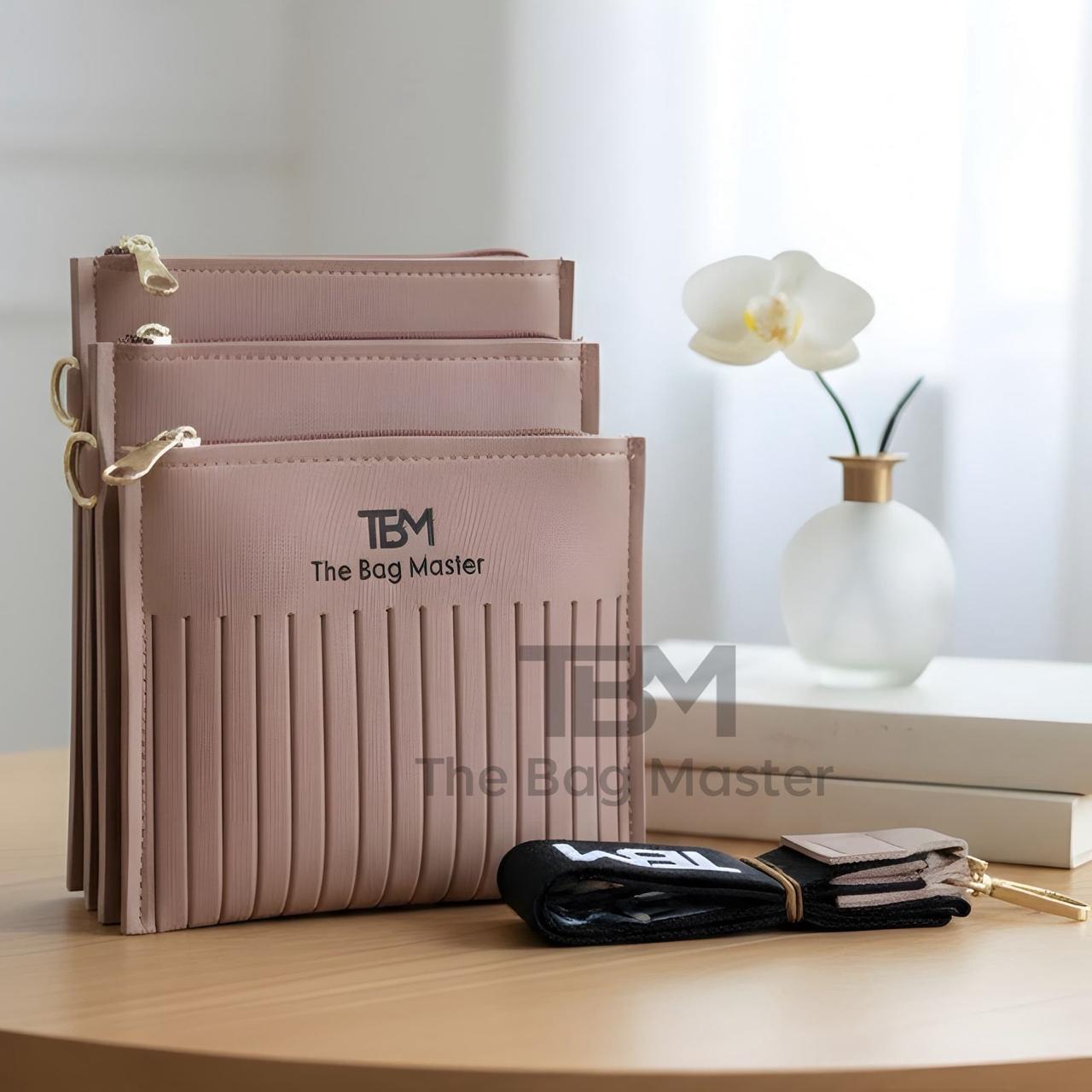 TBM Triple-Zip Pleated Crossbody Bag with Designer Textile Strap