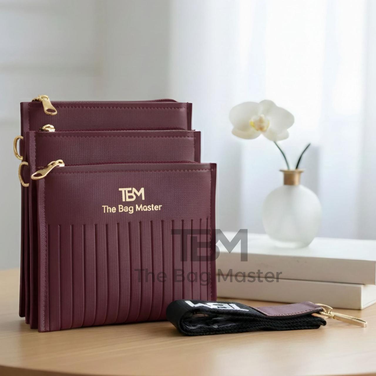 TBM Triple-Zip Pleated Crossbody Bag with Designer Textile Strap
