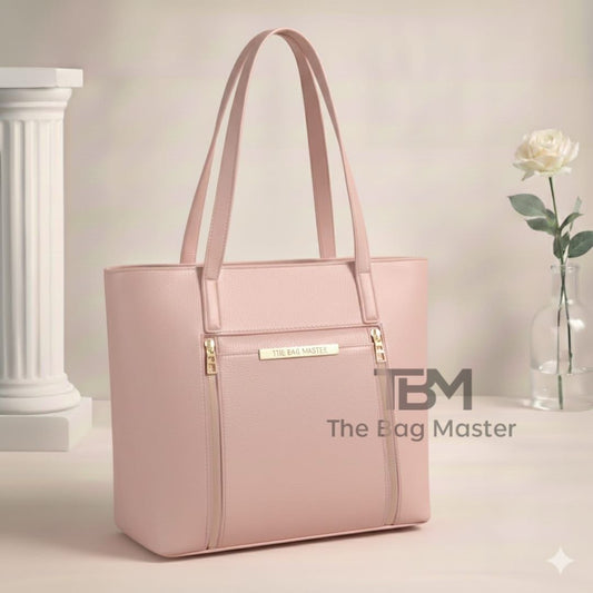 Elegant Structured Faux-Leather Tote Bag with Front Zip Detail