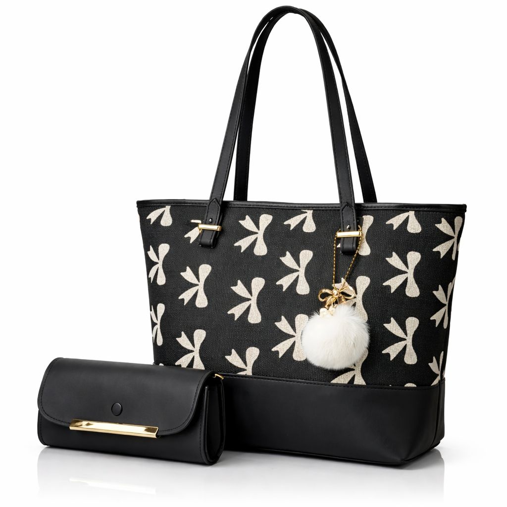 TBM Bow-Print Tote and Clutch Set