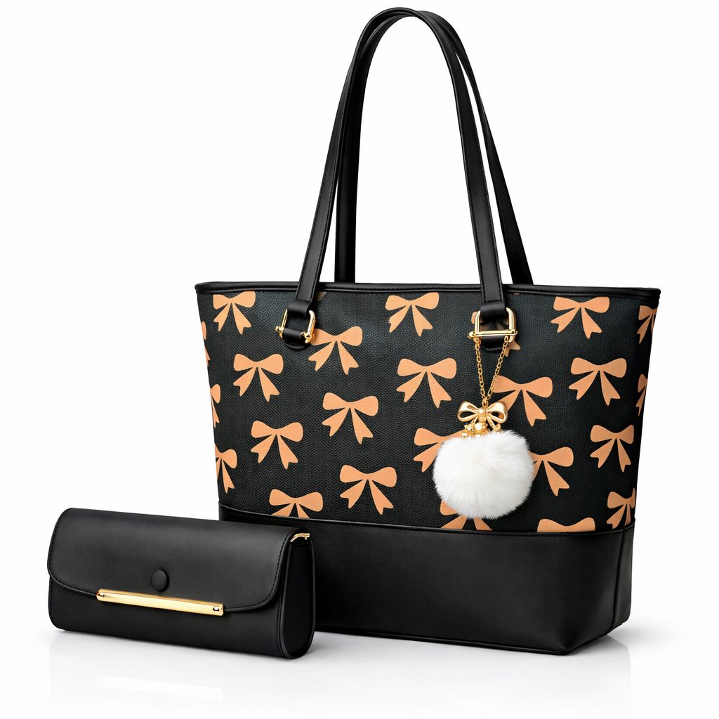 TBM Bow-Print Tote and Clutch Set
